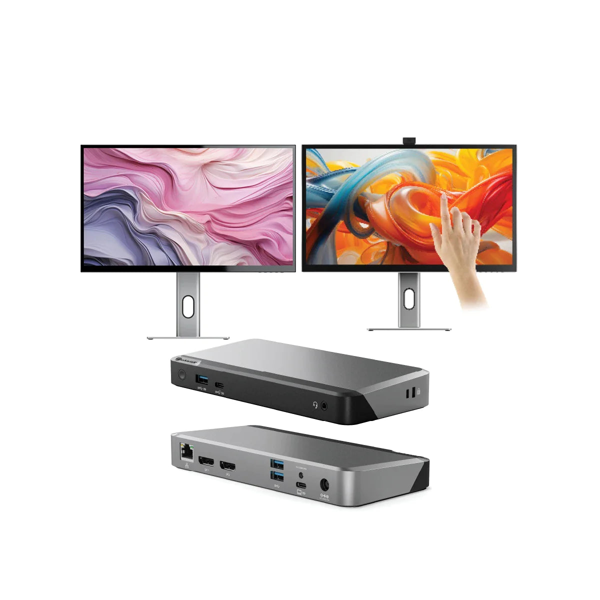 CLARITY 27" UHD 4K Monitor + Clarity Pro Touch 27" UHD 4K Monitor with 65W PD, Webcam and Touchscreen + DX2 Dual 4K Display Universal Docking Station with 65W Power Delivery