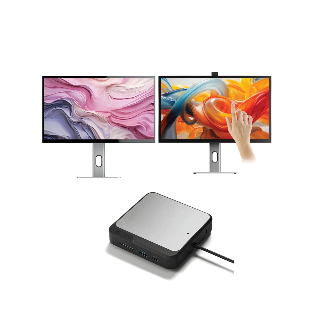 CLARITY 27" UHD 4K Monitor + Clarity Pro Touch 27" UHD 4K Monitor with 65W PD, Webcam and Touchscreen + Dual 4K Universal Docking Station DisplayPort Edition