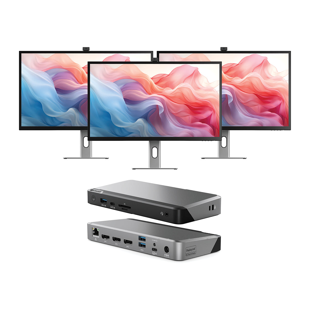 Clarity Max Touch 32" UHD 4K Monitor with USB-C Power Delivery, Webcam and Touch Screen (Pack of 3) + DX3 Triple 4K Display Universal Docking Station _ with 100W Power Delivery